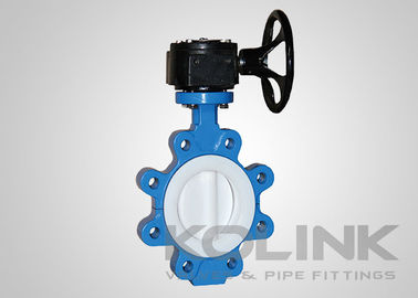2pc PTFE يجلس صمام الفراشة المركزية، وافير مغطاة فلانج الحديد المرن