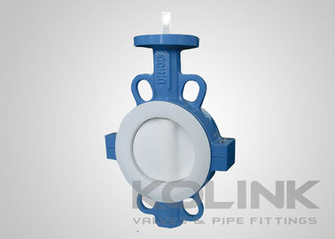2pc PTFE يجلس صمام الفراشة المركزية، وافير مغطاة فلانج الحديد المرن
