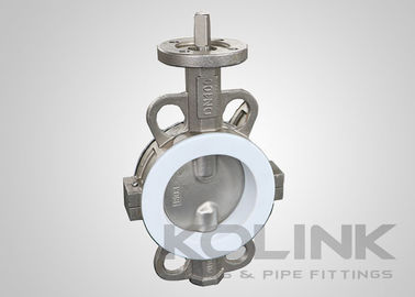 2pc PTFE يجلس صمام الفراشة المركزية، وافير مغطاة فلانج الحديد المرن