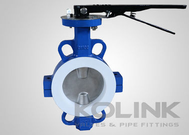 2pc PTFE يجلس صمام الفراشة المركزية، وافير مغطاة فلانج الحديد المرن