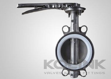 2pc PTFE يجلس صمام الفراشة المركزية، وافير مغطاة فلانج الحديد المرن